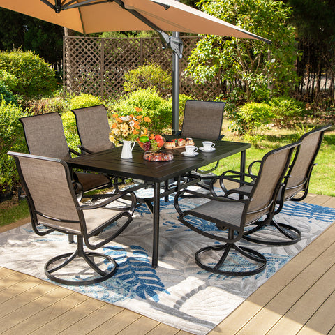 7-Piece Patio Dining Set Geometrically Stamped Rectangle Table & Textilene Swivel Chairs