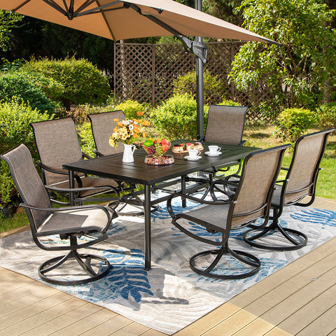 7-Piece Patio Dining Set Geometrically Stamped Rectangle Table & Textilene Swivel Chairs