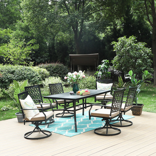 7-Piece Steel Panel Table and 6 Swivel Chairs Outdoor Patio Dining Sets