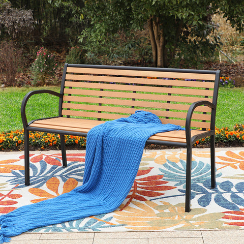 Steel Wood-Plastic Outdoor Bench for Park, Garden, Backyard
