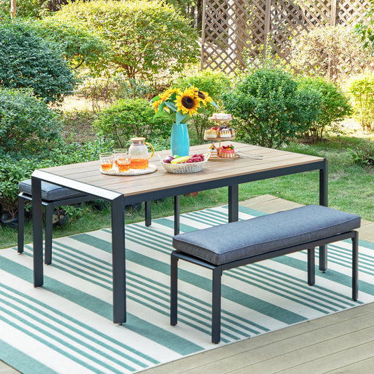 3-Piece Aluminum Wood-like Table & 2 Cushioned Benches Outdoor Dining Set