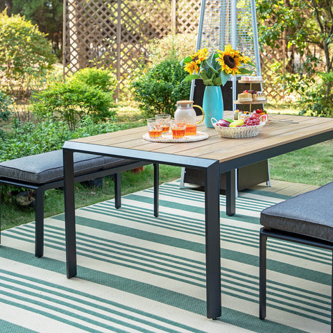 3-Piece Aluminum Wood-like Table & 2 Cushioned Benches Outdoor Dining Set