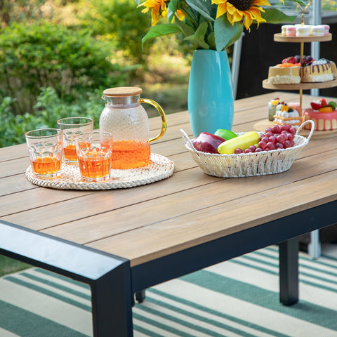 3-Piece Aluminum Wood-like Table & 2 Cushioned Benches Outdoor Dining Set