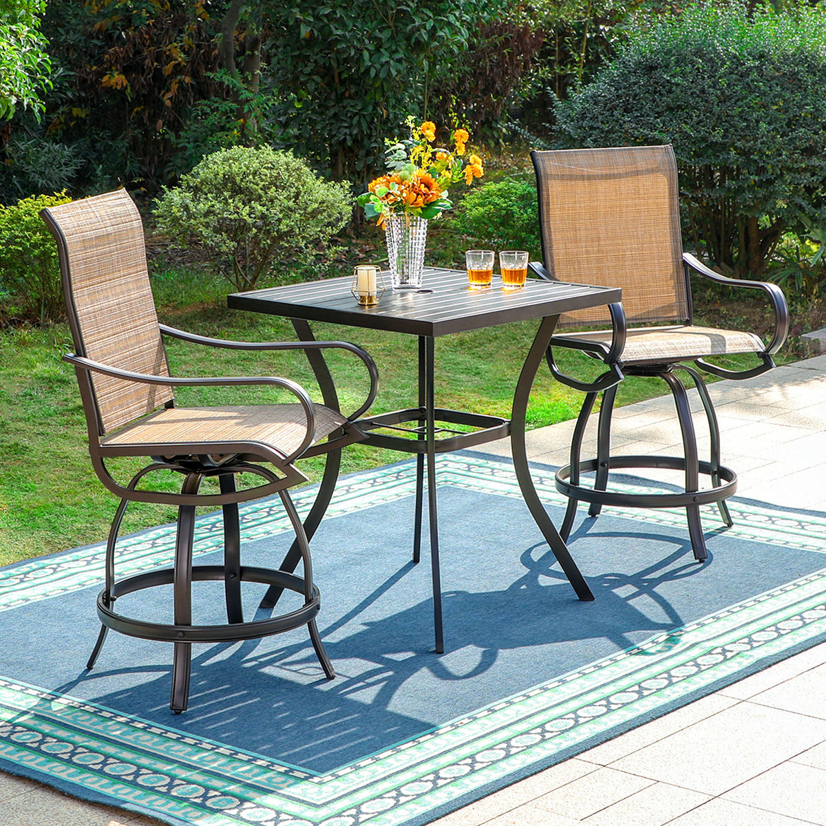 Outdoor Bar Stool Sets Swivel Textilene Bar Stools with Reinforced Base & Square High Bar Table