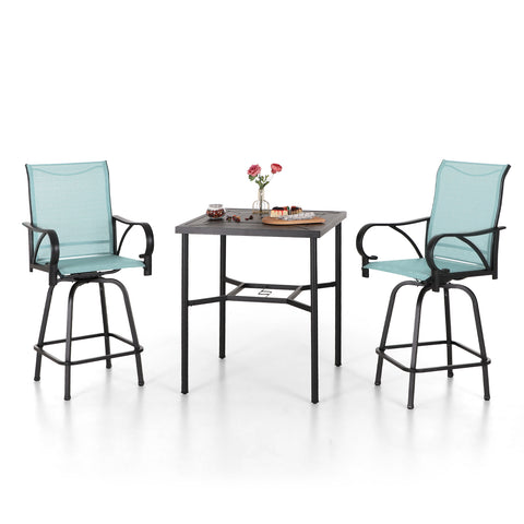 Aqua Textilene Swivel Patio Bar Stool Sets with Geometrically-stamped High Bar Table
