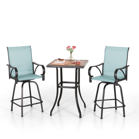 Aqua Textilene Swivel Patio Bar Stool Sets with Wood-look High Bar Table