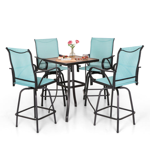 Aqua Textilene Swivel Patio Bar Stool Sets with Wood-look High Bar Table