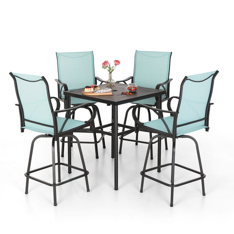 Aqua Textilene Swivel Patio Bar Stool Sets with Geometrically-stamped High Bar Table