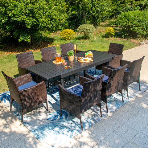 Rattan Wicker Cushioned Dining Chairs Set with Extendable Table