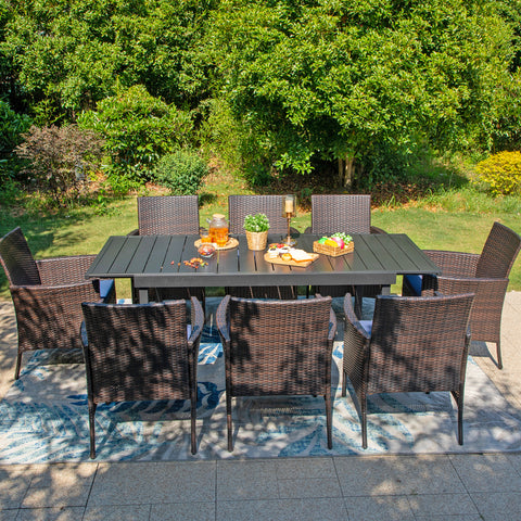 Rattan Wicker Cushioned Dining Chairs Set with Extendable Table