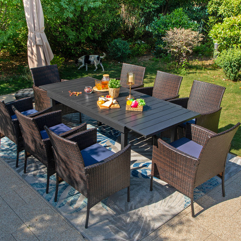 Rattan Wicker Cushioned Dining Chairs Set with Extendable Table