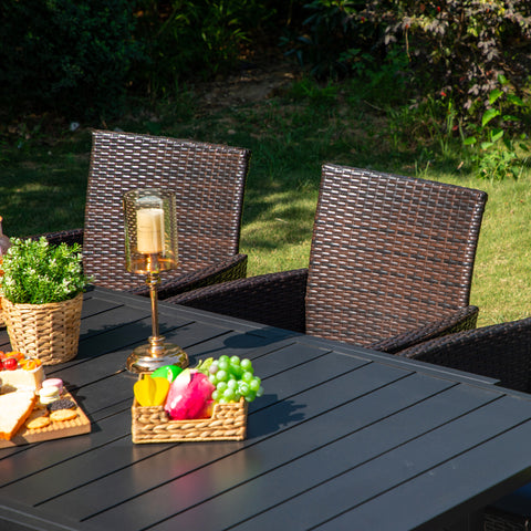 Rattan Wicker Cushioned Dining Chairs Set with Extendable Table