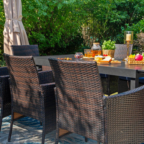 Rattan Wicker Cushioned Dining Chairs Set with Extendable Table