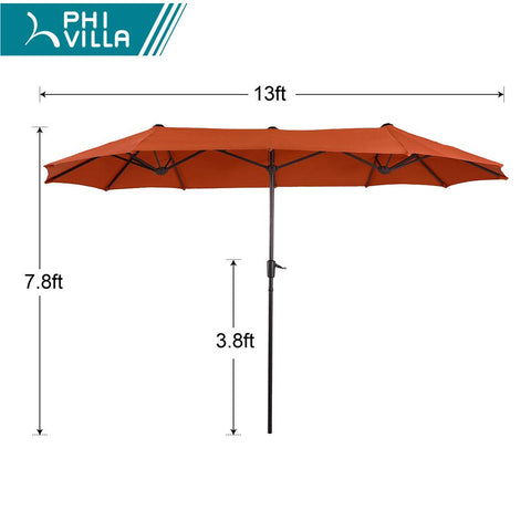 8-Piece Steel Rectangle Table & Brown Rattan Cushion Chairs & 13ft Umbrella Patio Dining Set