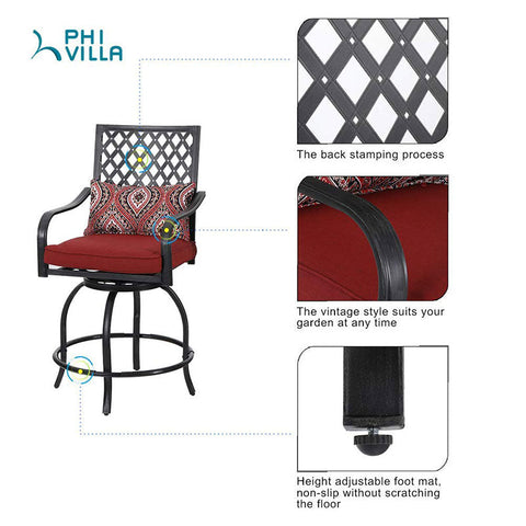 PHI VILLA 5-Piece Patio Bar Stool Set Embossed High Bar Table & Cushioned Swivel Bar Stools