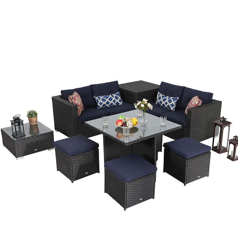 PHI VILLA 9 Piece Outdoor Sectional Patio Sofa Dining Set with Cushion Box Storage