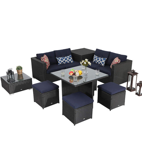 PHI VILLA 9 Piece Outdoor Sectional Patio Sofa Dining Set with Cushion Box Storage