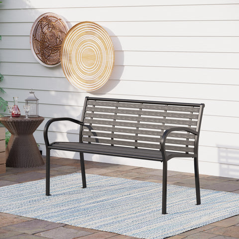 Steel Wood-Plastic Outdoor Bench for Park, Garden, Backyard