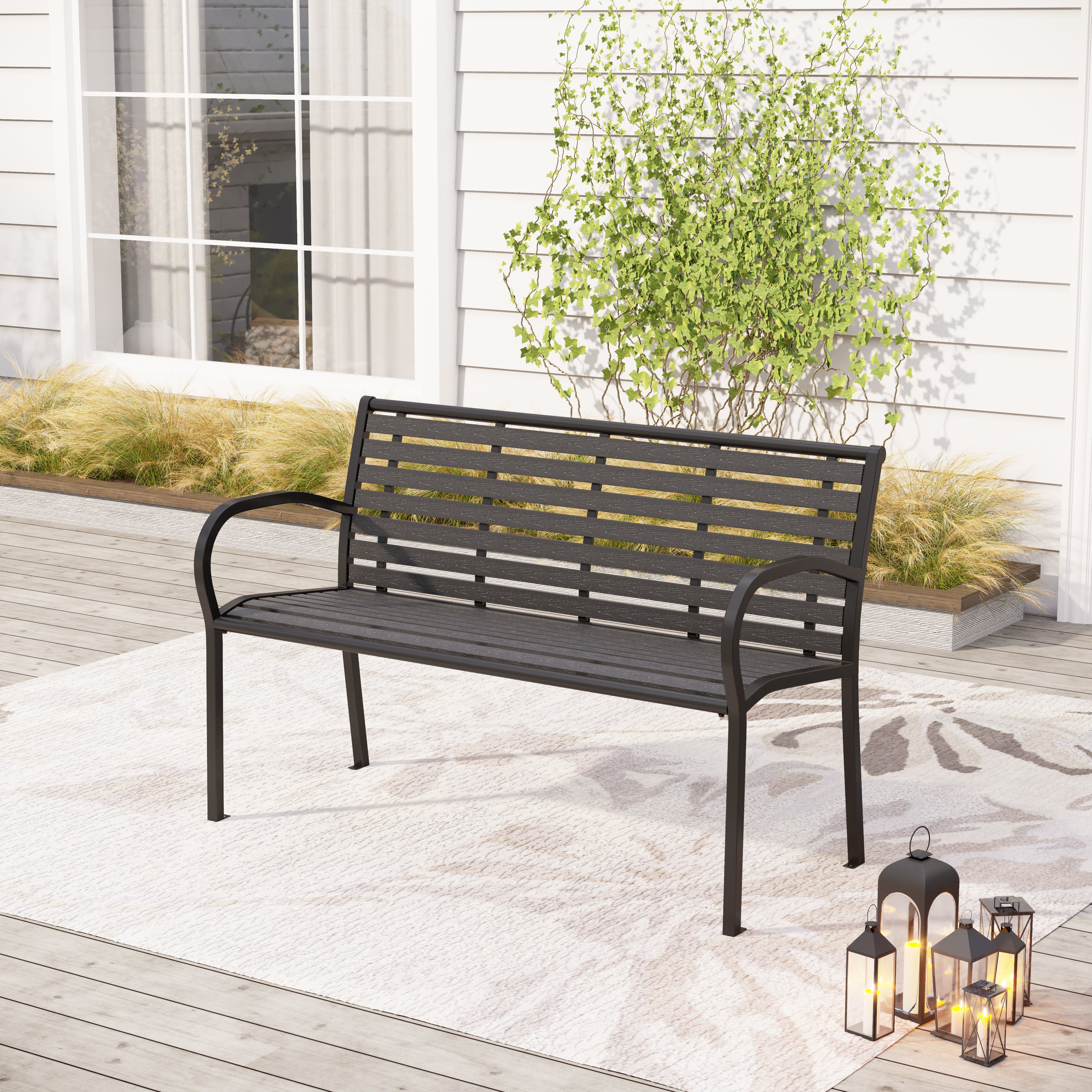 PHI VILLA Black Steel Wood-Plastic Outdoor Bench for Park, Garden, Backyard