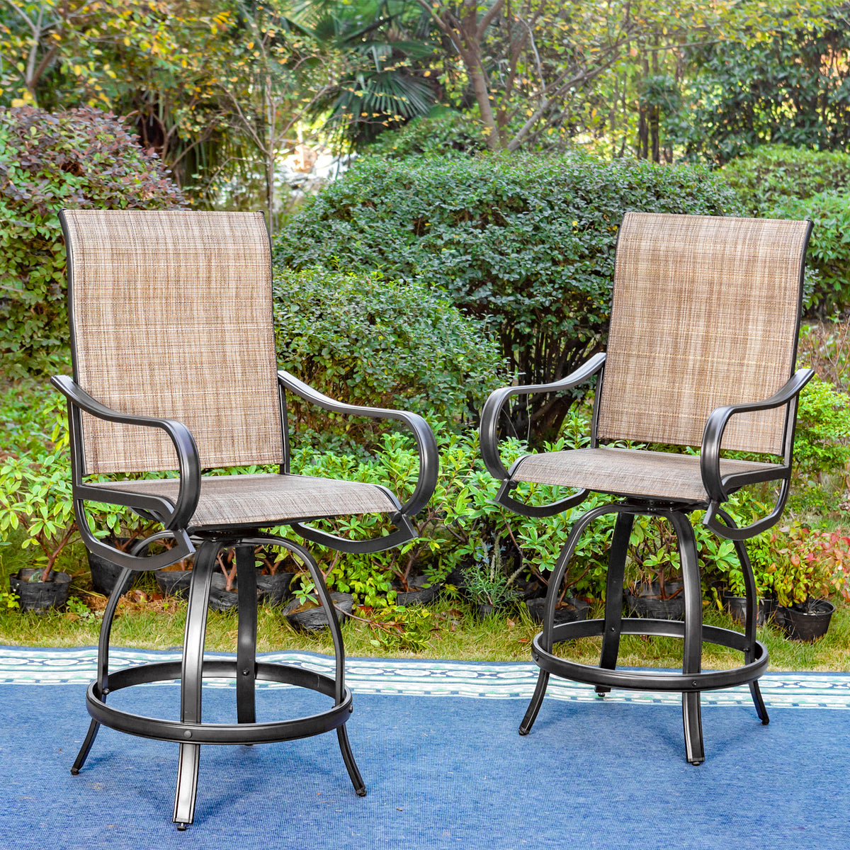 2-Piece Outdoor Swivel Textilene Bar Stools with Reinforced Base