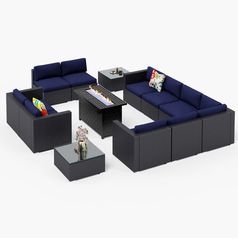 Rattan Wicker DIY Sofa & 45" x 23" Leather Grain Gas Fire Pit Table 50,000 BTU Sectional Sets