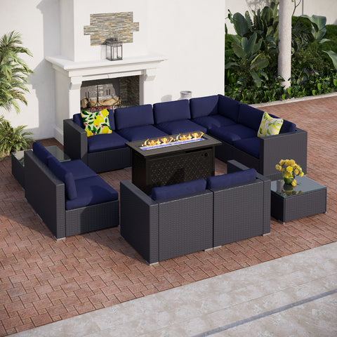 Rattan Wicker DIY Sofa & 45" x 23" Leather Grain Gas Fire Pit Table 50,000 BTU Sectional Sets