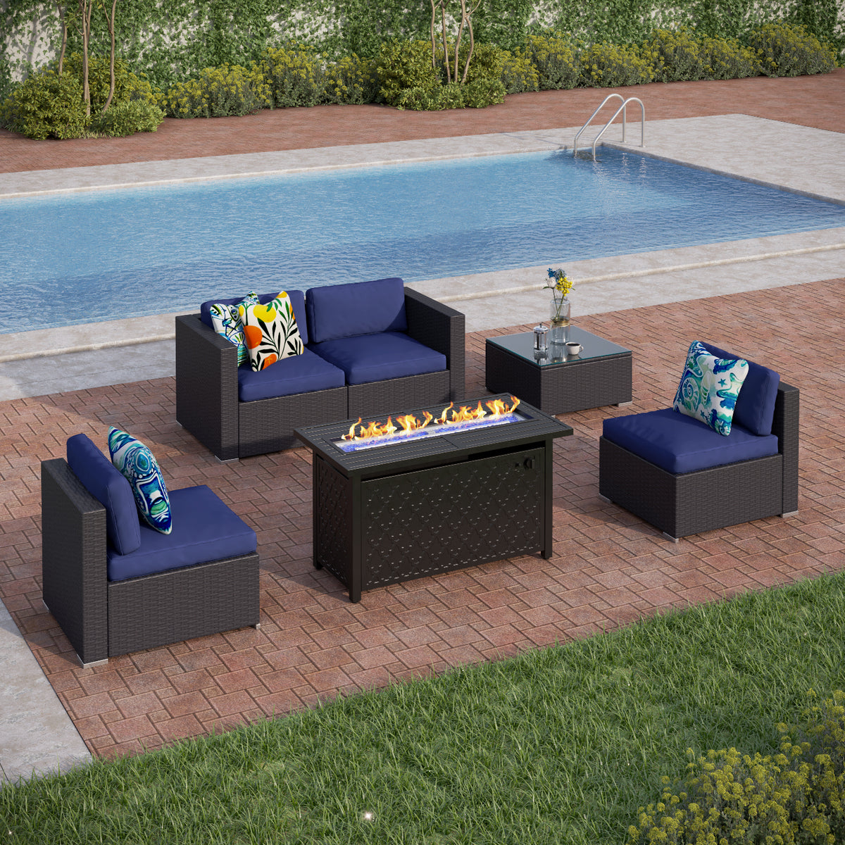 Rattan Wicker DIY Sofa & 45" x 23" Leather Grain Gas Fire Pit Table 50,000 BTU Sectional Sets