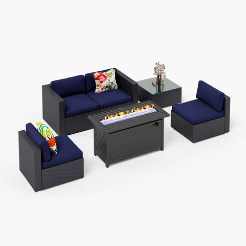 Rattan Wicker DIY Sofa & 45" x 23" Leather Grain Gas Fire Pit Table 50,000 BTU Sectional Sets
