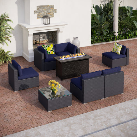 Rattan Wicker DIY Sofa & 45" x 23" Leather Grain Gas Fire Pit Table 50,000 BTU Sectional Sets