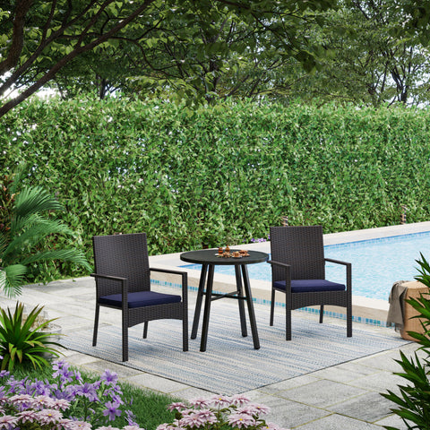 Small Round Table & Cushioned Rattan Dining Chairs 3-Piece Patio Bistro Set