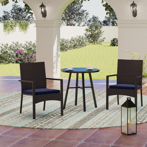 Small Round Table & Cushioned Rattan Dining Chairs 3-Piece Patio Bistro Set