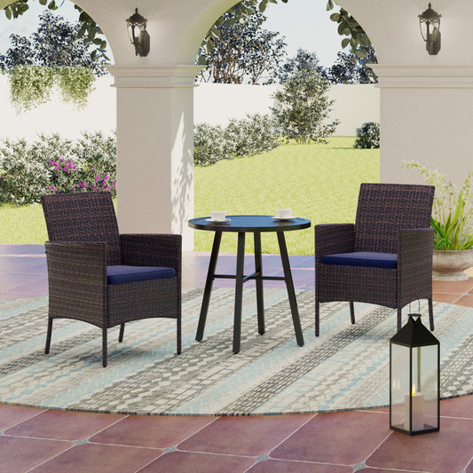 Small Round Table & Cushioned Rattan Dining Chairs 3-Piece Patio Bistro Set