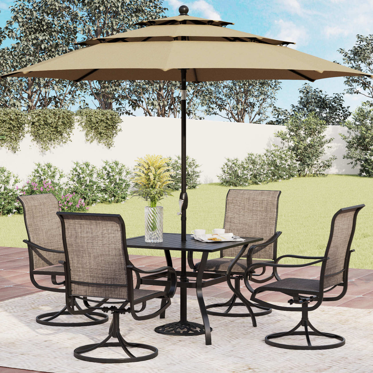 6-Piece Patio Dining Set with an Umbrella Steel Square Table & Textilene Swivel Chairs