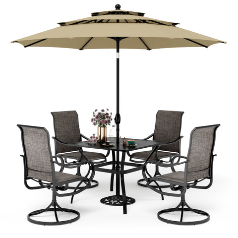 6-Piece Patio Dining Set with an Umbrella Steel Square Table & Textilene Swivel Chairs