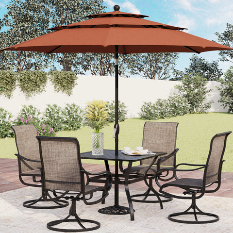 6-Piece Patio Dining Set with an Umbrella Steel Square Table & Textilene Swivel Chairs