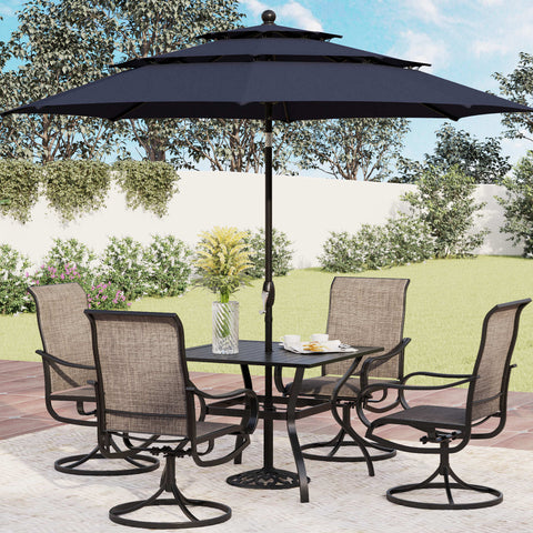6-Piece Patio Dining Set with an Umbrella Steel Square Table & Textilene Swivel Chairs