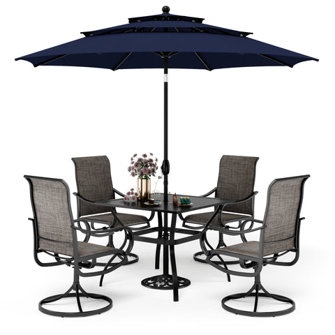 6-Piece Patio Dining Set with an Umbrella Steel Square Table & Textilene Swivel Chairs