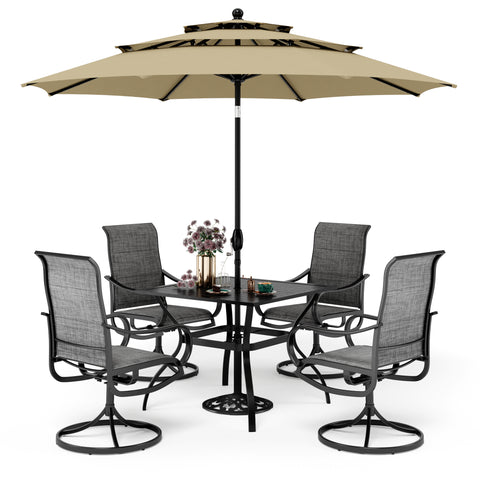 6-Piece Patio Dining Set with an Umbrella Steel Square Table & Textilene Swivel Chairs