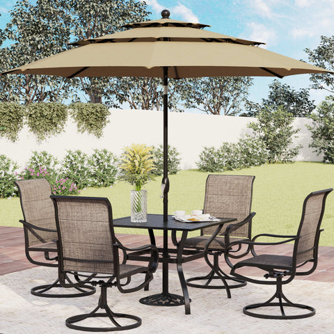 6-Piece Patio Dining Set with an Umbrella Steel Square Table & Textilene Swivel Chairs