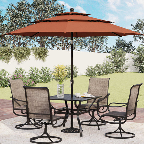 6-Piece Patio Dining Set with an Umbrella Steel Square Table & Textilene Swivel Chairs