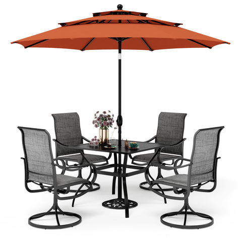6-Piece Patio Dining Set with an Umbrella Steel Square Table & Textilene Swivel Chairs