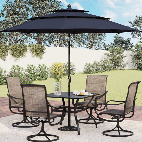 6-Piece Patio Dining Set with an Umbrella Steel Square Table & Textilene Swivel Chairs
