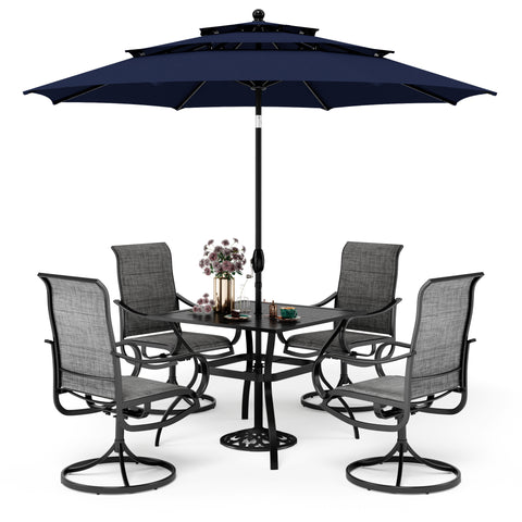 6-Piece Patio Dining Set with an Umbrella Steel Square Table & Textilene Swivel Chairs