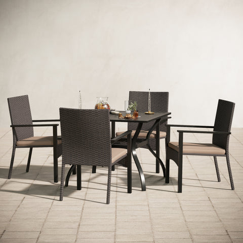 5-Piece Steel Square Table & 4 Rattan Cushion Chairs Outdoor Patio Dining Set