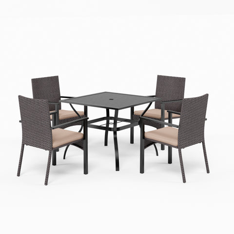 5-Piece Steel Square Table & 4 Rattan Cushion Chairs Outdoor Patio Dining Set