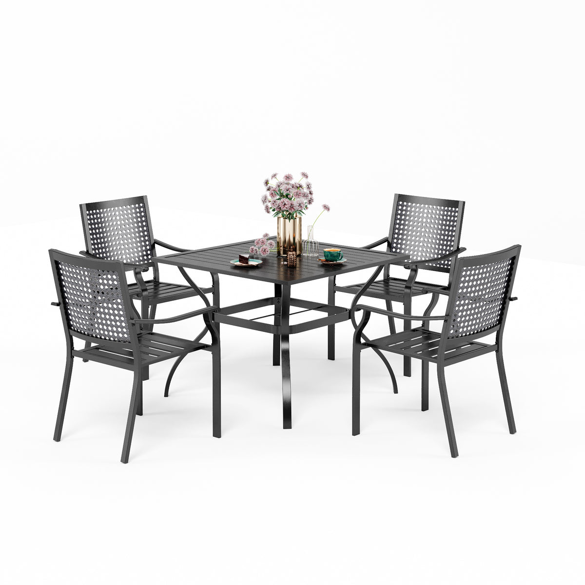 5-Piece Outdoor Dining Set Steel Square Table & Bull's Eye Pattern Dining Chairs