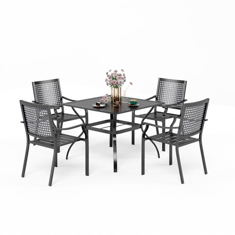 5-Piece Outdoor Dining Set Steel Square Table & Bull's Eye Pattern Dining Chairs
