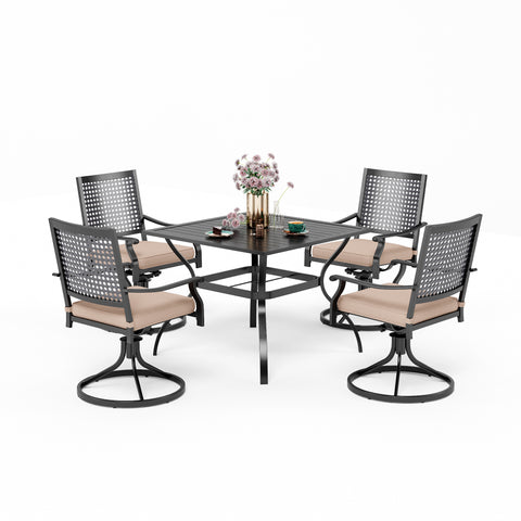 5-Piece Outdoor Dining Set Steel Square Table & Bull's Eye Pattern Dining Chairs