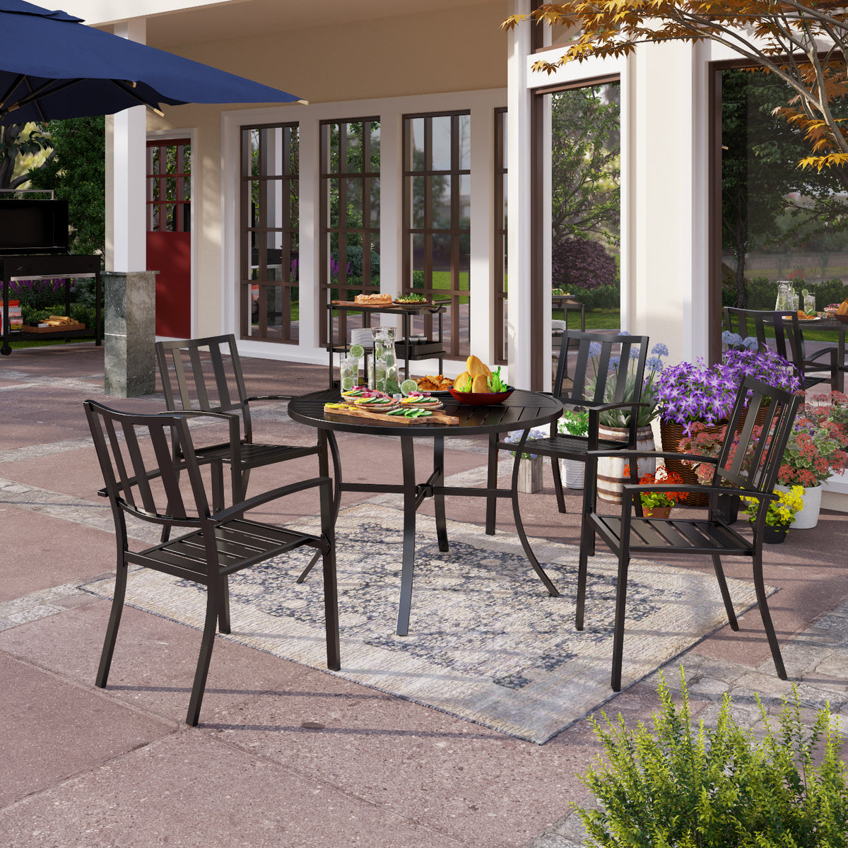 5-Piece Geometrically Stamped Round Table & Stackable Dining Chairs Outdoor Dining Set