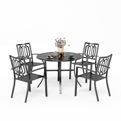 5-Piece Geometrically Stamped Round Table & Stackable Dining Chairs Outdoor Dining Set